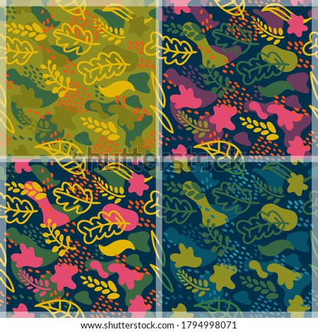 Seamless patterns seasonal dark set. Hand drawn leaves, flowers. Modern fashion backdrop collection. Green, pink colors. Decorative herbal floral elements. Textile, paper design. 