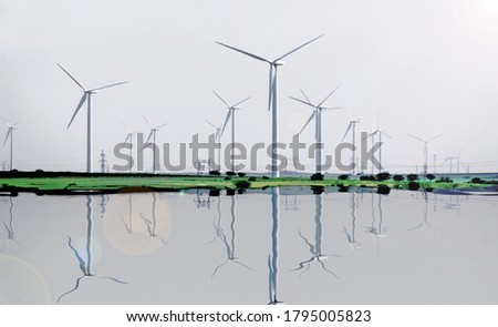 The price of electricity. Clean energy.  Alternative energy. Wind- eolian energy. Field with many wind turbines. Reflections in water. Royalty-Free Stock Photo #1795005823