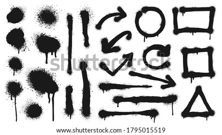 Graffiti spray lines, grunge dots, arrows and frames. Vector graffiti dot dirty, grunge ink black, splash stain and drip illustration Royalty-Free Stock Photo #1795015519