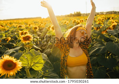 Joyful attractive beautiful young woman dancing in middle of sunflower field holding hands up ad enjoying. Sun shines bright in the morning or evening. Harvest time. Nature pictures