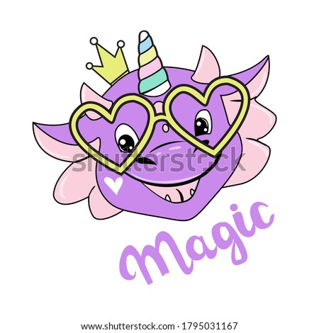 Funny lilac head dragon on a white isolated background. Birthday card
