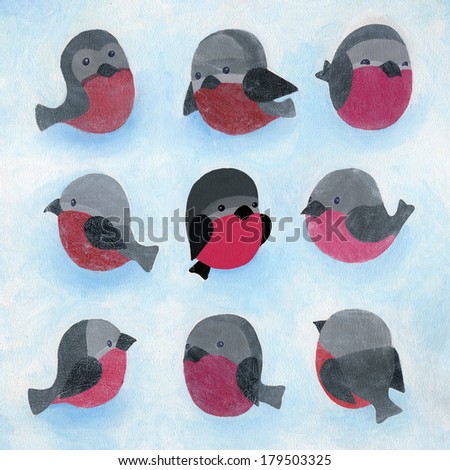 bullfinches little birds painted with acrylic cover and cracked craquelure