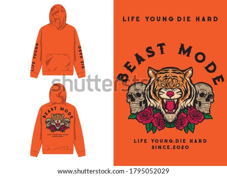 Retro Street Wear Hoodie. Beast Mode, Tiger, Skull