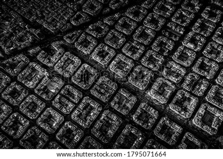 Aerial view of typical buildings of Barcelona cityscape from helicopter. in black and white. fine art Royalty-Free Stock Photo #1795071664