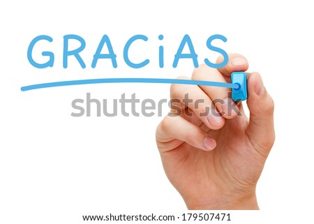 Hand writing Gracias with blue marker on transparent wipe board. Royalty-Free Stock Photo #179507471