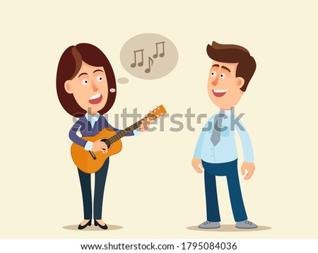 A young girl playing guitar and singing song for her boyfriend. A musical surprise for beloved man. The guy smiling and is happy. Vector illustration, flat cartoon style, isolated background.