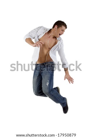 jumping dancer with canal phone on isolated studio picture