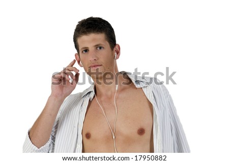 listening young man on isolated background