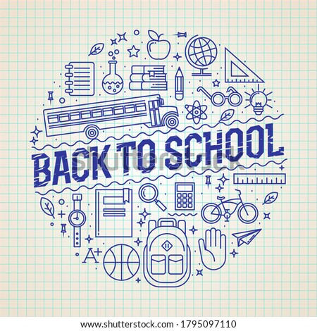 Back to school round circle badge or label or logo design template with thin lined icons. Works for school poster or flyer or banner design. Vector illustration