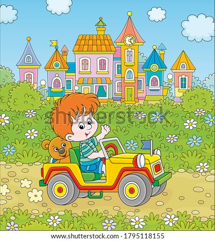 Little boy driving a toy off road car on a road out of town on a summer day, vector cartoon illustration
