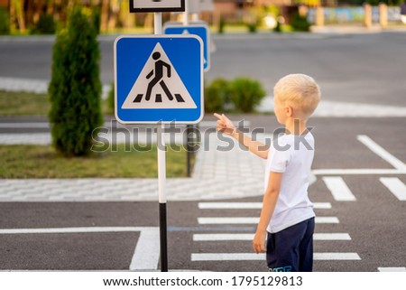 a child stands at a Pedestrian crossing sign and points at it with his finger, traffic rules for children