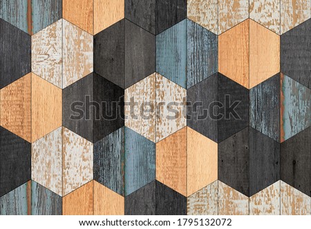 Weathered wood texture background. Colorful seamless wooden wall with hexagonal pattern made of barn boards. 