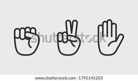 Rock, scissors, paper icons. Hand gestures icons set. Rock, scissors, paper icons isolated on white background. Vector illustration
