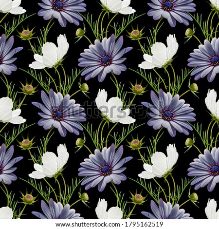 Colorful floral seamless pattern with white cosmos and blue daisy flowers collage on black background. Stock illustration. Royalty-Free Stock Photo #1795162519