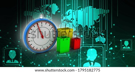 3d rendering colorful shopping bags with stopwatch