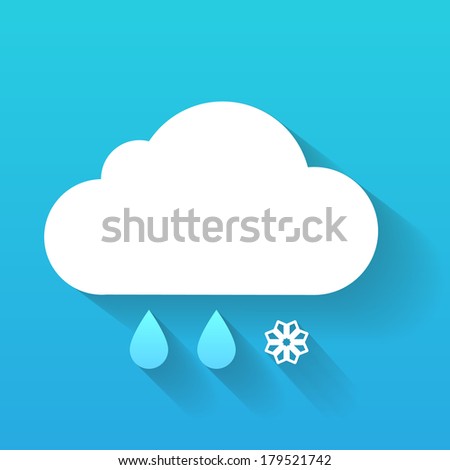 Day cloud, snow flake and rain drops isolated on blue. Weather symbol. Trendy flat icon design element.