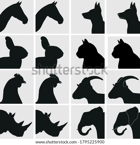 Vector animal heads silhouette horse dog rabbit cat chicken goat rhino elephant