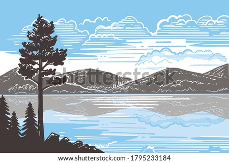 sketch landscape a pine tree stands on ground 