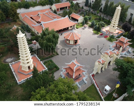 Truc Lam Temple, It is traditional buddhist temple in Kharkiv, Ukraine. Aerial view from the drone
