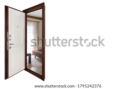 Open front door on white background isolation. Concept of open doors to an apartment or office. Background for your creativity with space for an inscription or logo