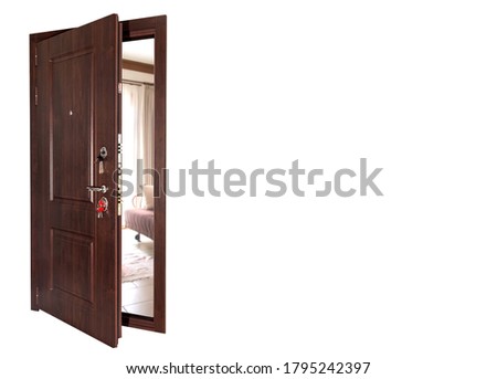 Open front door on white background isolation. Concept of open doors to an apartment or office. Background for your creativity with space for an inscription or logo
