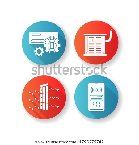 Heating and conditioning flat design long shadow glyph icons set. AC repair service, air cooling filter, residential conditioner and smart thermostat. Silhouette RGB color illustration