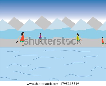 people walking near the glacier hills illustration in high quality