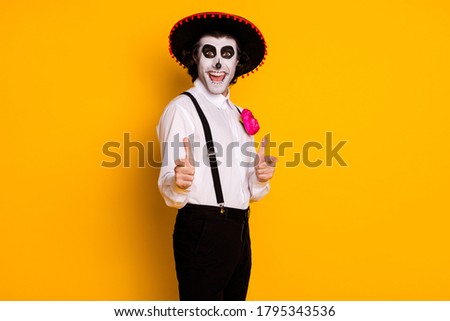 Portrait of his he nice handsome spooky cheerful cheery glad proud guy gentleman mc artist wearing festal look pointing at you isolated bright vivid shine vibrant yellow color background