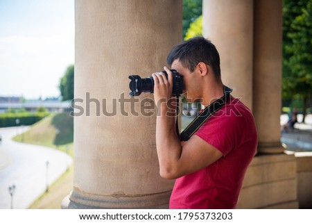 Photographer's boyfriend takes a photo. Summer season. Nature and landscape photography