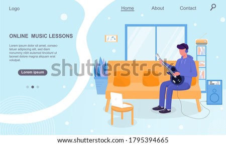 Vector illustration of online music lessons. Guitarist teaching online people how to play guitar from home