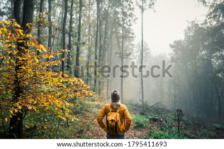 Hiking in misty morning at autumn forest. Woman tourist with knit hat and backpack standing at footpath in woodland Royalty-Free Stock Photo #1795411693