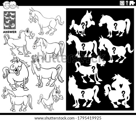 Black and White Cartoon Illustration of Match Objects and the Right Shape or Silhouette with Horses Farm Animal Characters Educational Game for Children Coloring Book Page