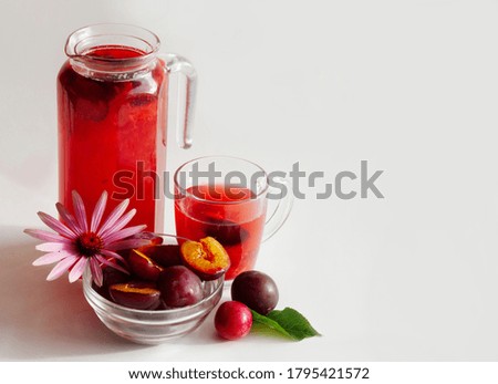 Summer fresh refreshing drink from red  
cherry plum in a glass jar . organic homemade lemonade made from seasonal fruits. Healthy food and the concept of food safety