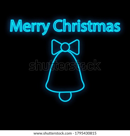 Glowing neon christmas sign with christmas bell, bow-knot and holly in circle frame. Christmas bell symbol in neon style.