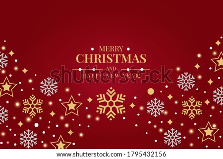 Merry Christmas and Happy New Year. Christmas greeting card red background with gold stars and silver snowflakes, gold snowflakes, candy canes and decoration.