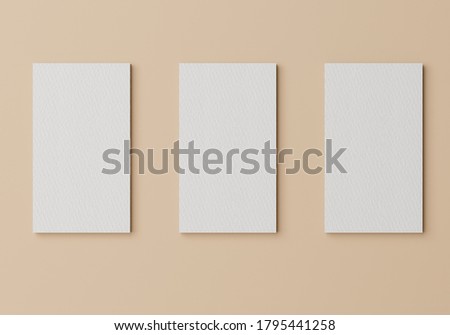 three white square shape business card mockup stacking on peach pastel color background. Branding presentation template print. 3D illustration rendering