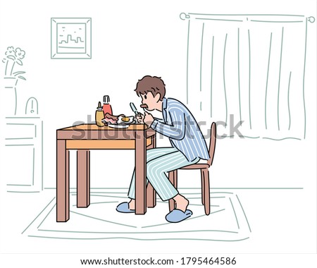 A man is having breakfast in his pajamas. hand drawn style vector design illustrations. 