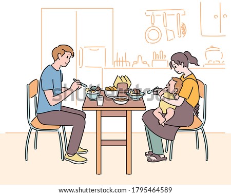 Dad, mother and baby are sitting at the table and eating. hand drawn style vector design illustrations. 