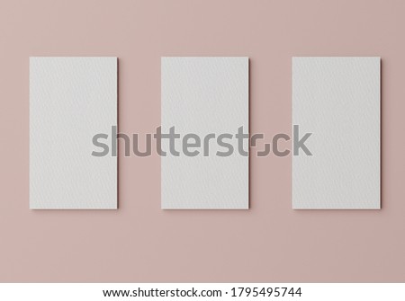 Three white square shape business card mockup stacking on pink pastel color background. Branding presentation template print. 3D illustration rendering