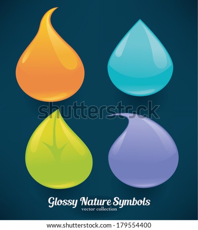glossy and shine nature symbols, vector decorative elements on dark background