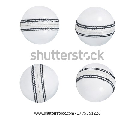collection of leather Cricket ball hard thread stitch close-up isolated on white background white ball