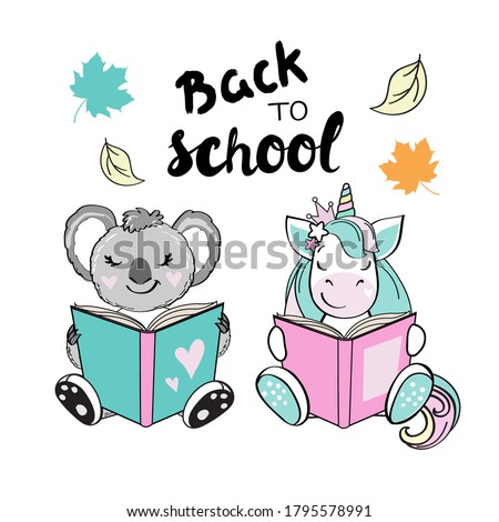 Clever koala and unicorn are reading books on a white background. Back to school concept