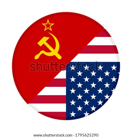 round icon with soviet union and united states flags, isolated on white background