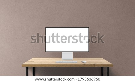 New desktop computer pro display with keyboard and mouse on wooden desk. Modern blank flat monitor screen. Modern creative workspace background.