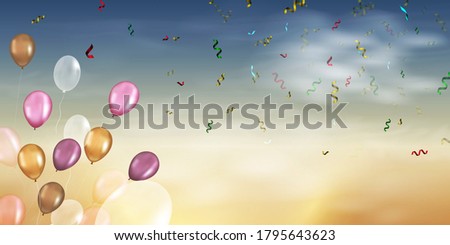 Flying bright Colorful Balloons with confetti, ribbon, serpentine in the blue sky party background. Festive birthday balloons background with space for text. vector illustration.