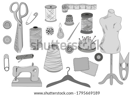 Sewing. Everything for sewing. Thematic selection. Sketch. Vector. For design