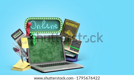 online business training concept emty screen laptop with books and calculator 3d render on blue gradient background