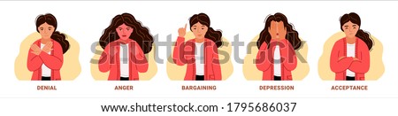 Denial, anger, bargaining, depression, acceptance. Woman expressing different negative emotions. 5 stages of accepting the inevitable. Sad, furious, irritated girl. Vector hand-drawn characters. Royalty-Free Stock Photo #1795686037