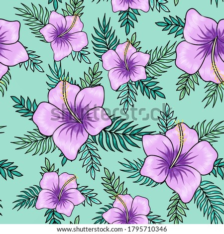 Violet hibiscus flowers with palm tree leaves seamless pattern on turquoise background. Great for spring and summer wallpaper, backgrounds, invitations, packaging design projects textile
