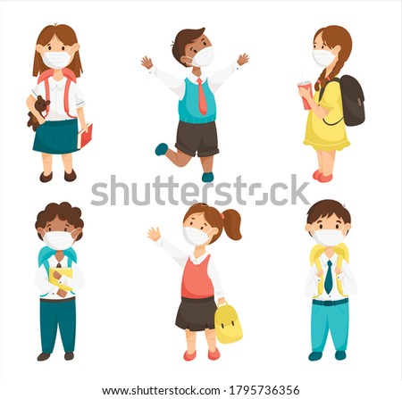 Cartoon vector set of cute children, school kids in medical masks during a pandemic. Smiling pupils with books and backpacks.